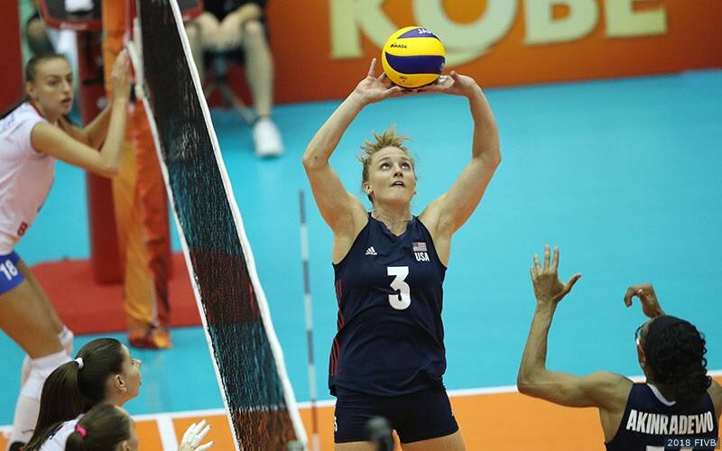 Carli Lloyd setting Foluke Akinradewo as the U.S. Women rally to defeat Russia to end Pool C of FIVB World Championship undefeated