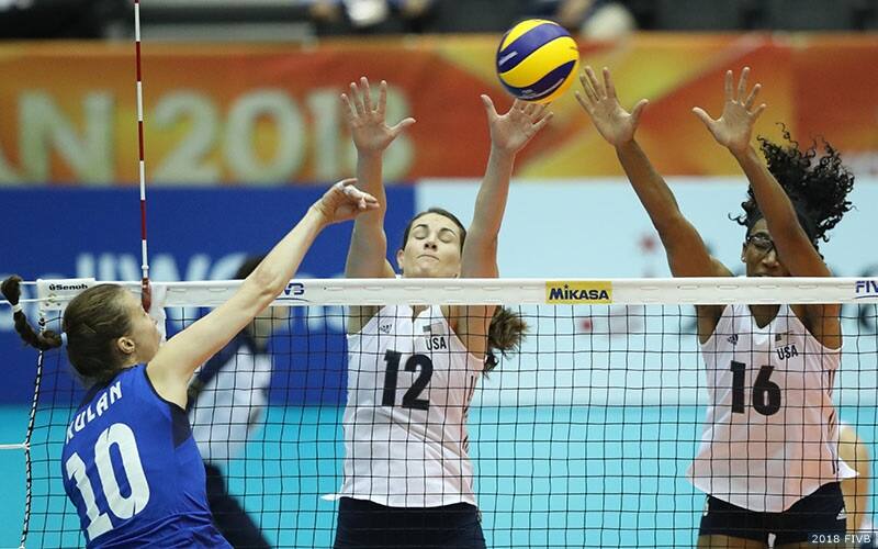 Kelly Murphy and Foluke Akinradewo blocking Azerbaijan in World Championship opening victory for Team USA