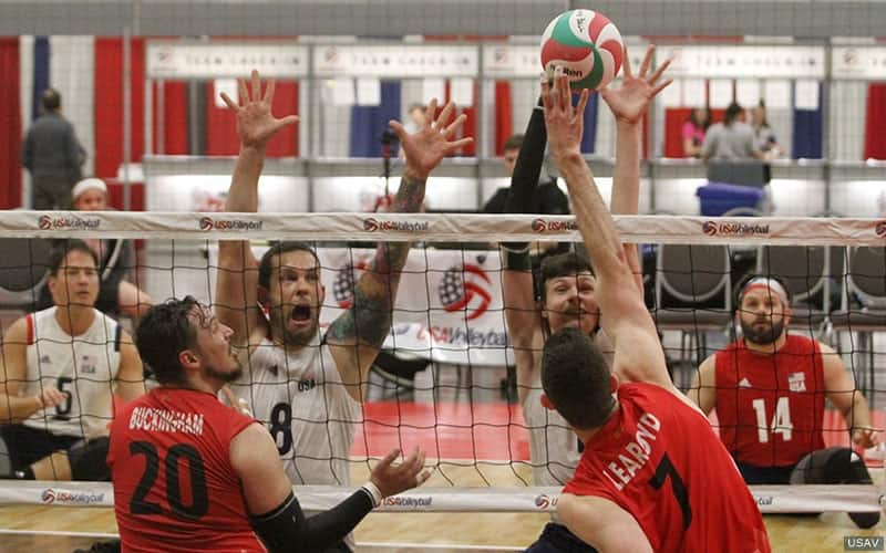 James Stuck and Zach Upp blocking during an exhibition match with Canada