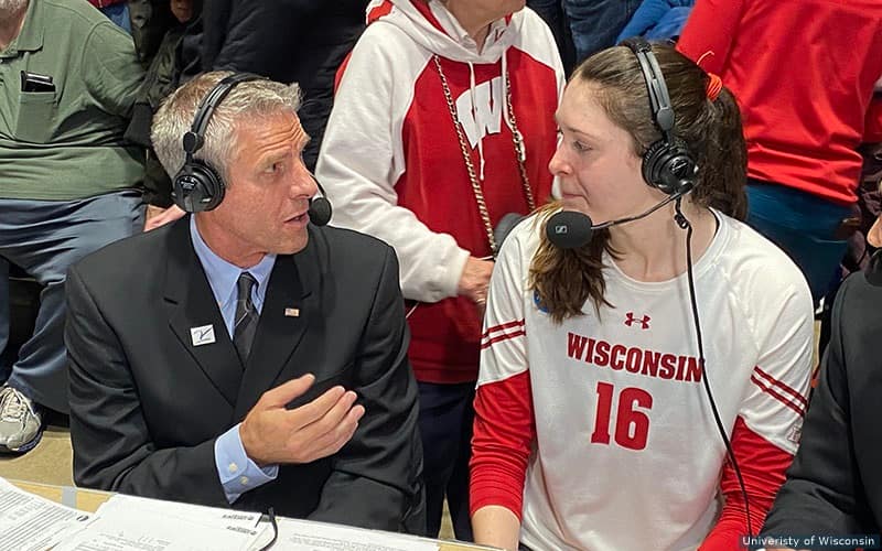 Dana Rettke, who has helped Wisconsin to the NCAA semifinals, in a post-match interview on ESPNU with her national team head coach Karch Kiraly