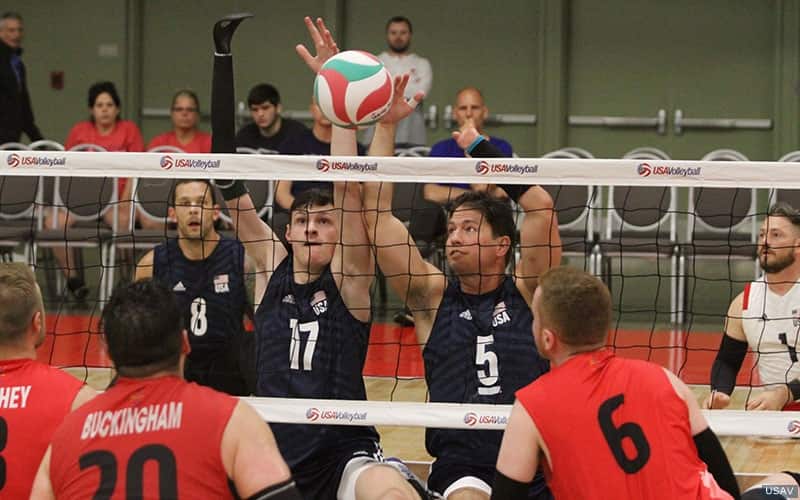Zach Upp and Eric Duda blocking against Canada
