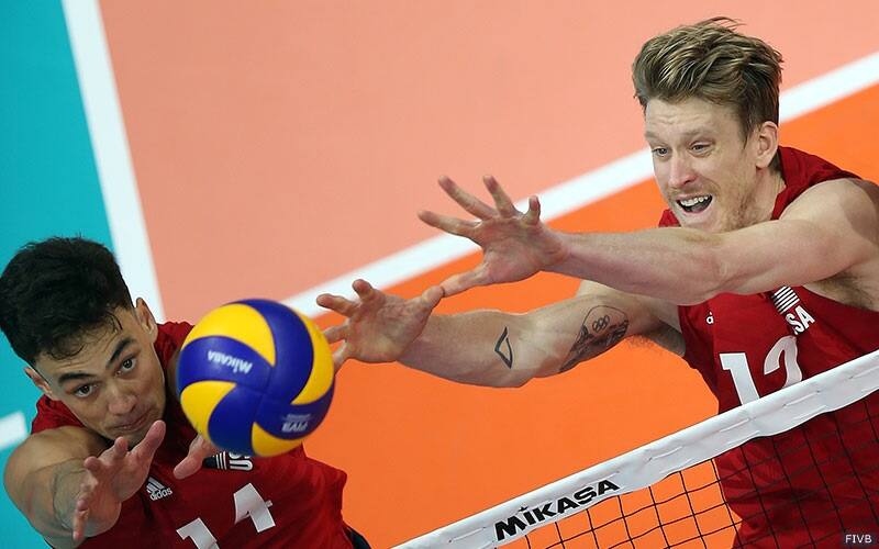 Micah Ma'a and Max Holt block for the U.S. Men's National Team