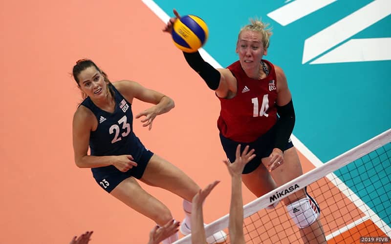 Michelle Bartsch-Hackley attacking and Kelsey Robinson ready for the cover