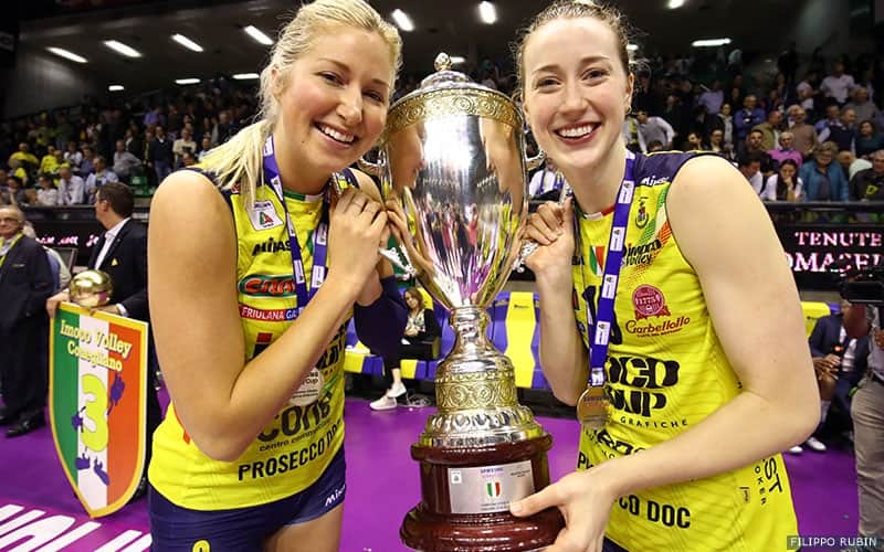 Kim Hill (right) and Karsta Lowe celebrate winning the Italian Serie A1 Championship