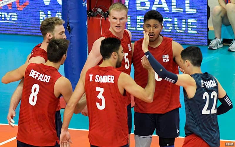 The U.S. Men huddle to celebrate a point
