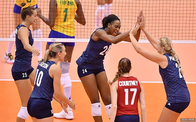 U.S. Women celebrating during the recent FIVB World Cup in which the Americans finished with the silver medal