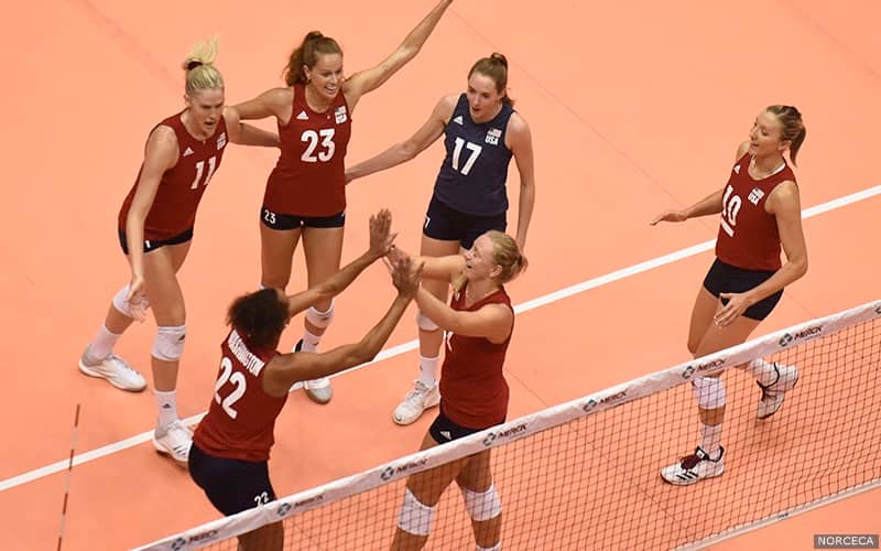 U.S. Women celebrate during its sweep over Mexico in NORCECA Women's Continental Championship pool play