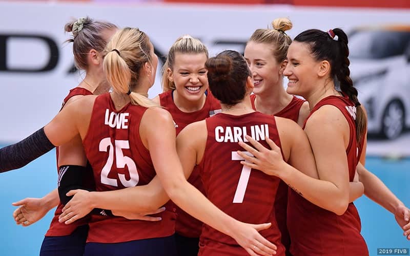 The U.S. Women celebrate their ninth victory at the FIVB World Cup and is one win away from claiming silver medal