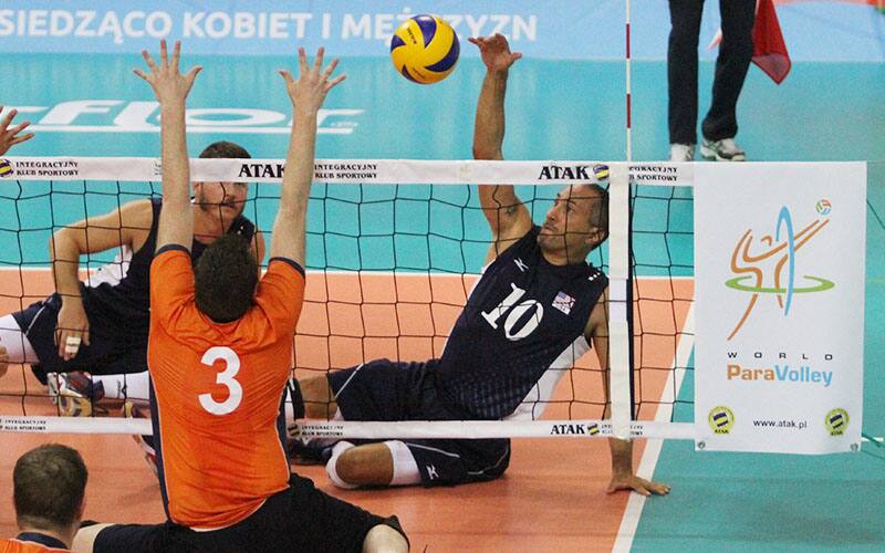 Edgar Laforest attacking during the 2014 World ParaVolley World Championships