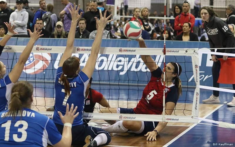 Katie Holloway attacking against Russia as the U.S. Women's Sitting Team won twice on Sunday to improve to 4-0 on the season