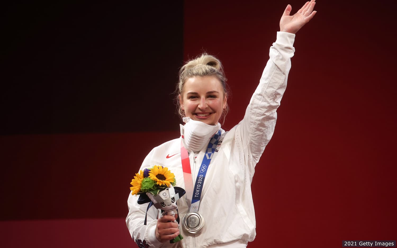 Kate Nye celebrates winning an Olympic silver medal