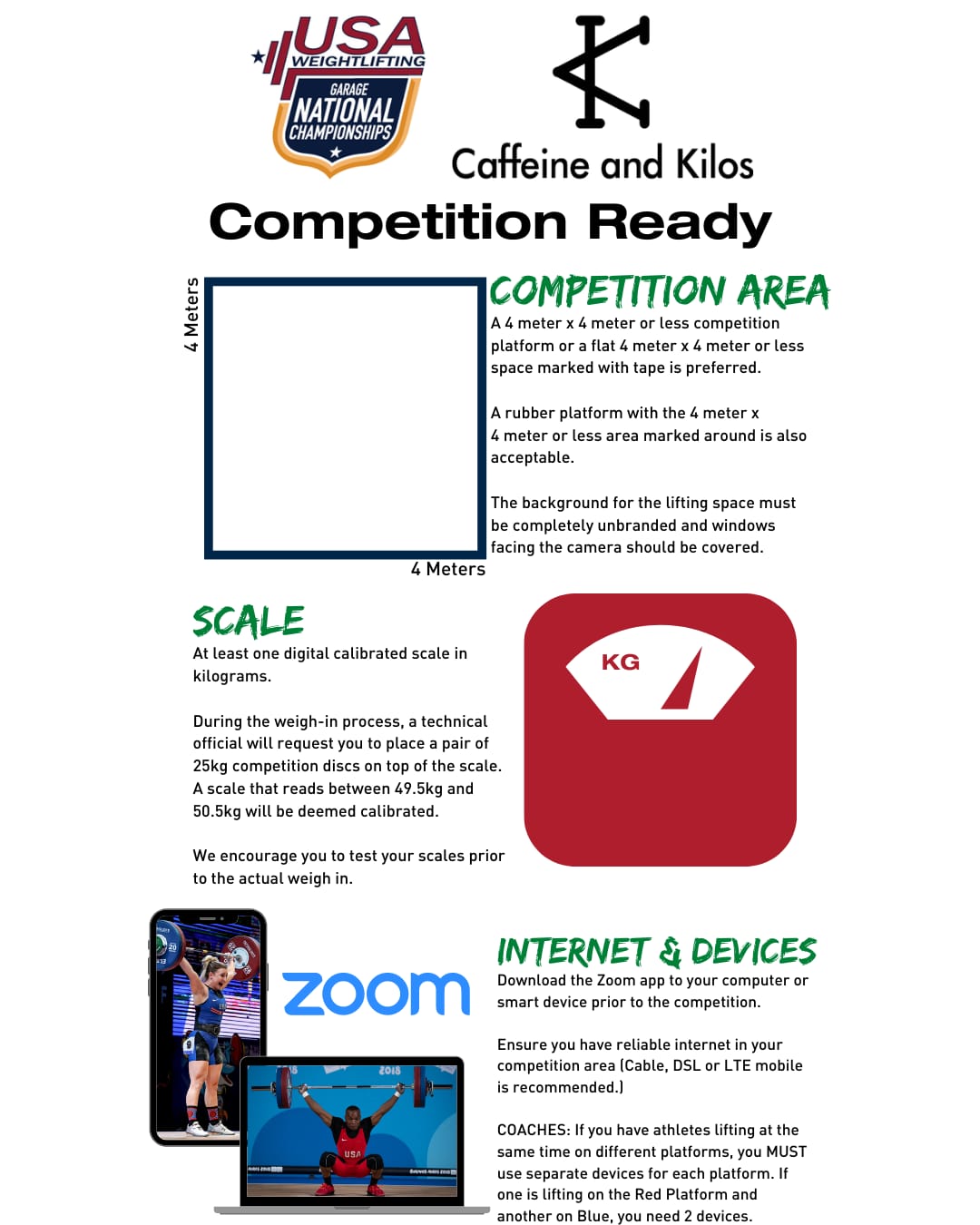 infographic. competition. athletes must designate 4 meter by 4 meter competition platform. background must be unbranded and windows facing camera should be covered. during weigh-ins, an official will verify the calibration of your scale by placing two 25 kilogram plates on the scale.