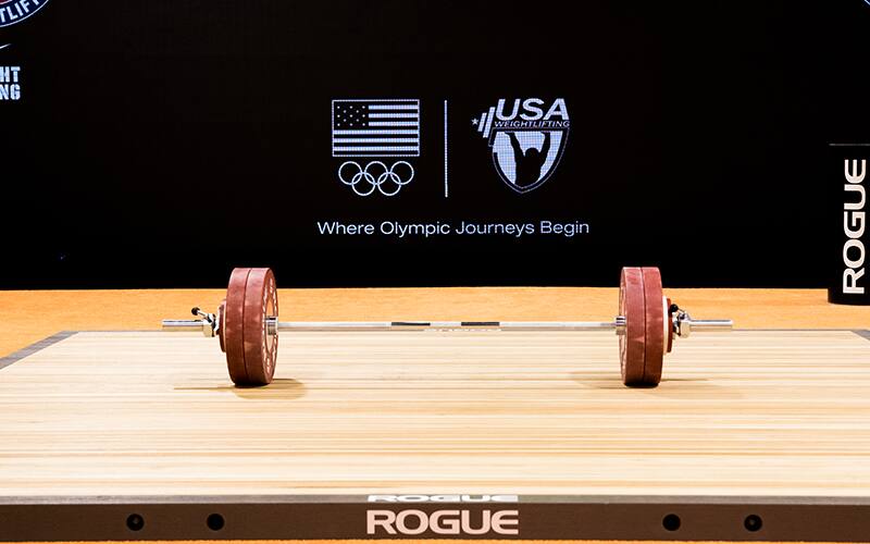 Rogue weightlifting equipment on platform