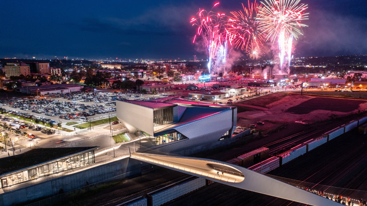View of the U.S. Olympic & Paralympic Museum and downtown Colorado Springs with fireworks