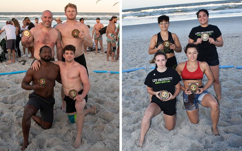 The four men's 2021 Beach Nationals champions pose, as well as the four 2021 women's Beach Nationals champions. 