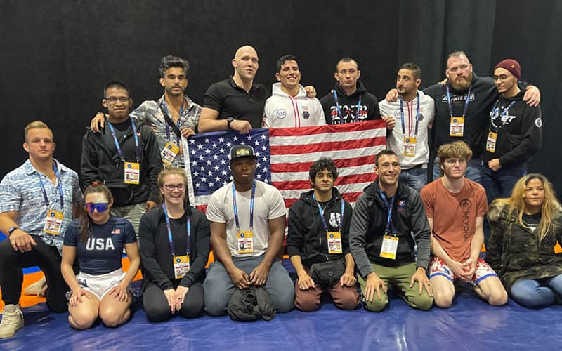2021 USA Grappling Senior World Team pose together in Belgrade, Serbia