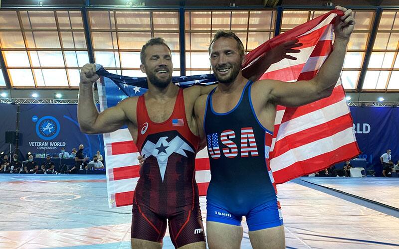 Veterans World finalists Reece and Jordin Humphrey pose with American flag after their finals match