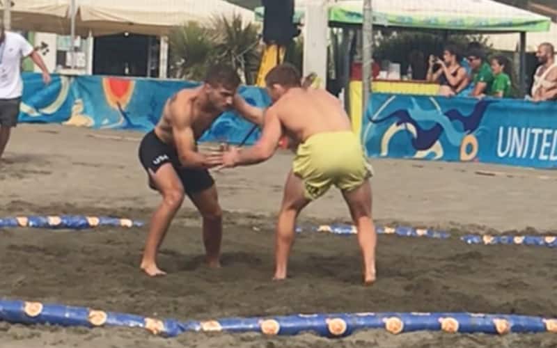 Michael Peters squares off with an opponent on day one at Rome Beach World Series