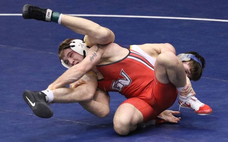 Action image of wrestler from Grand View University