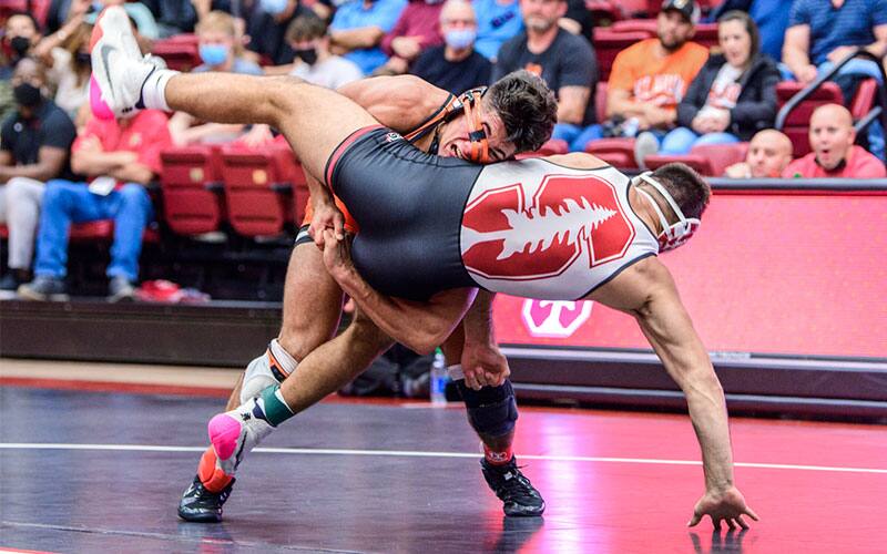 AJ Ferrari of Oklahoma State scores takedown in dual meet against Stanford