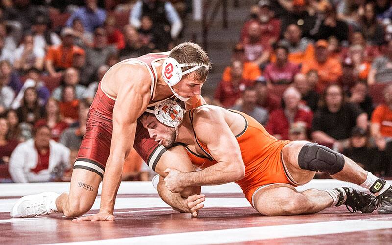 Action shot from Bedlam Dual of December 2021, Oklahoma State vs. Oklahoma