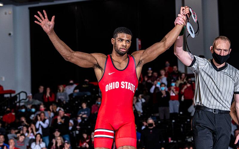 Jashon Hubbard (Ohio State) with arm raised in victory
