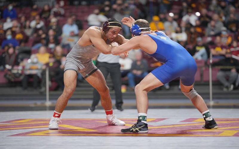 Wrestling action at the Minnesota vs. South Dakota State dual meet
