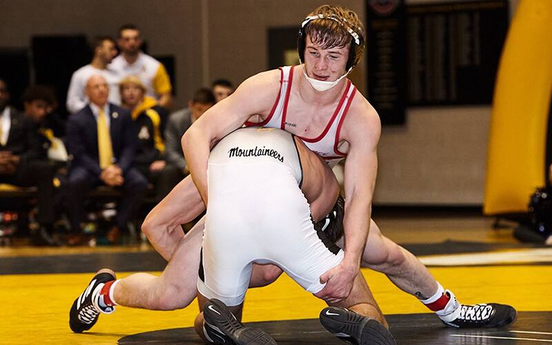 Wrestling action at the dual meet between NC State and App State on December 12, 2021