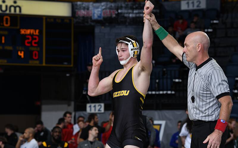Missouri's Keegan O'Toole celebrates after a win at the 2022 Southern Scuffle