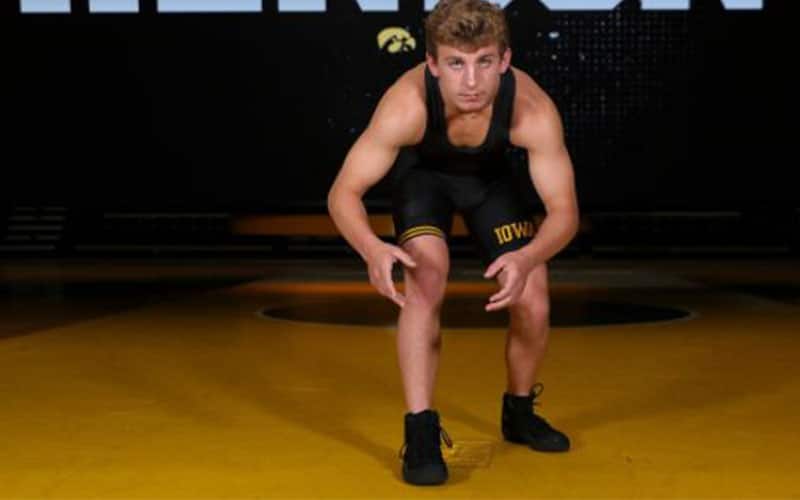 Wyatt Henson of Iowa in his wrestling stance