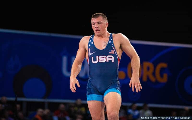 Jay Aiello wrestles at the 2021 U23 World Championships in Belgrade, Serbia