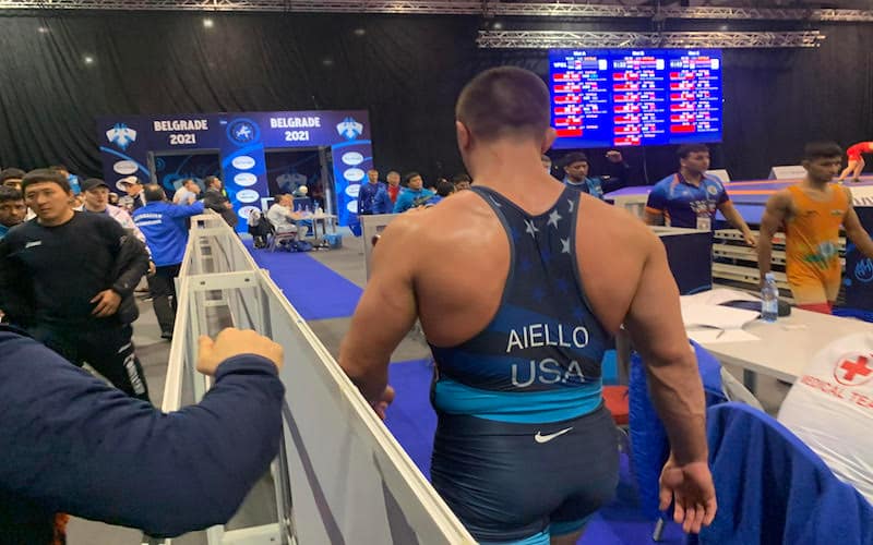 Jay Aiello walks off the mat after winning a match at the 2021 U23 World Championships