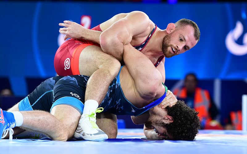 David Taylor (USA) powers over Abubakr Abakarov (Azerbaijan) in 2021 World semifinals