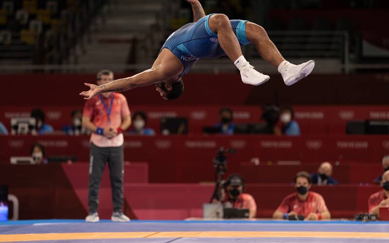 Gable Steveson I(USA) nails a flip after winning the Olympic gold medal