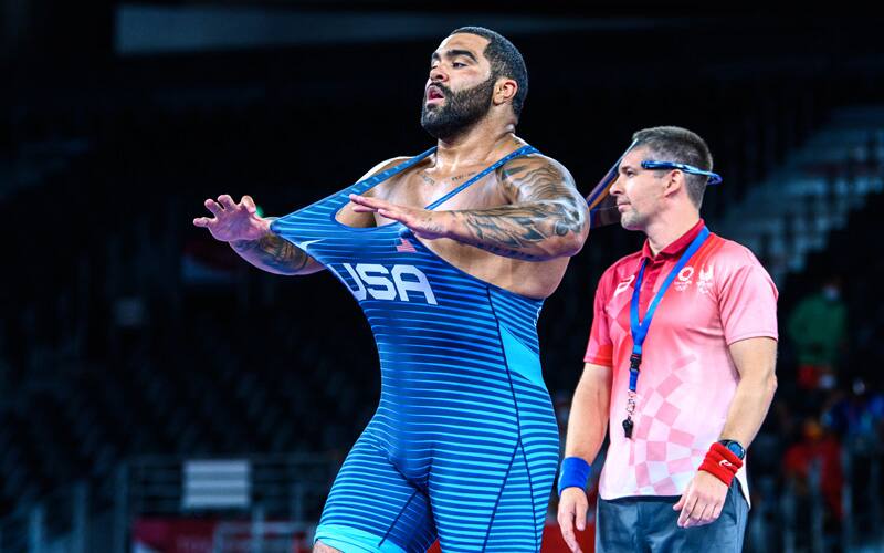 Olympic champion Gable Steveson shows off the USA on his singlet