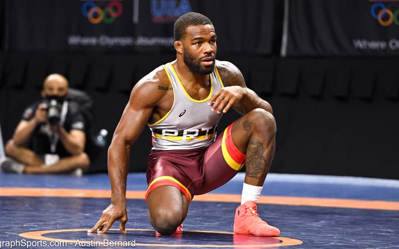Jordan Burroughs kneels on the mat at the World Team Trials