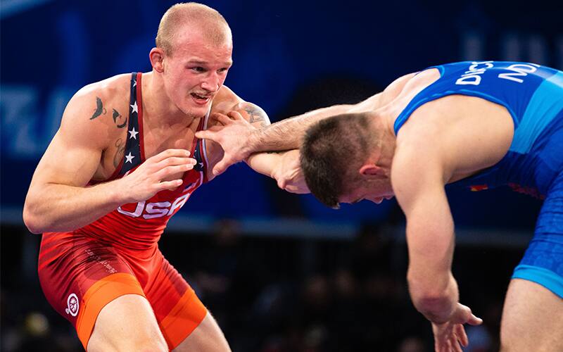 Peyton Robb wrestles at the 2021 U23 World Championships in Belgrade, Serbia