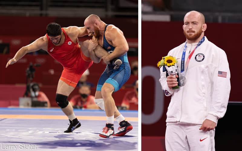 Kyle Snyder gets a single leg on Abdulrashid Sadulaev, Snyder poses with Olympic silver medal