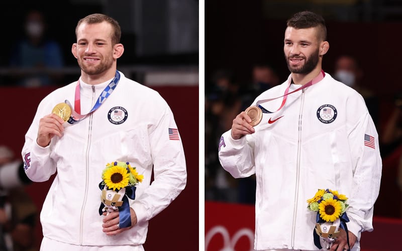 David Taylor with Olympic gold medal; Thomas Gilman with Olympic bronze medal
