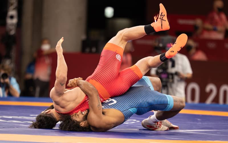 G'Angelo Hancock (USA) hits a gut wrench on Kajaia (SRB) during Olympic Games in Tokyo.