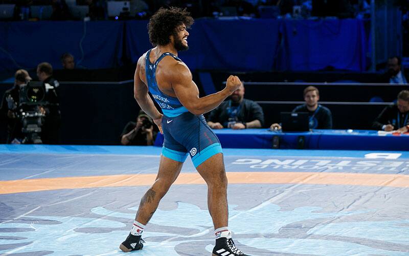 G'Angelo Hancock celebrates his World bronze medal