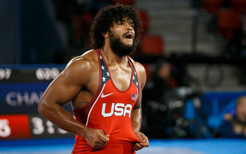 G'Angelo Hancock (USA) shows the USA on his singlet at 2021 Worlds