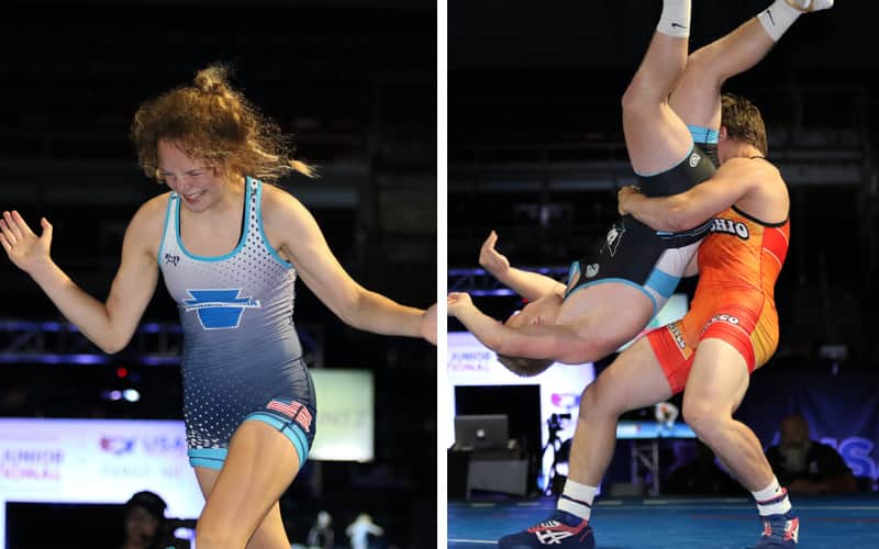 Montana Delawder of Pennsylvania celebrates; Seth Shumate of Ohio tosses an opponent