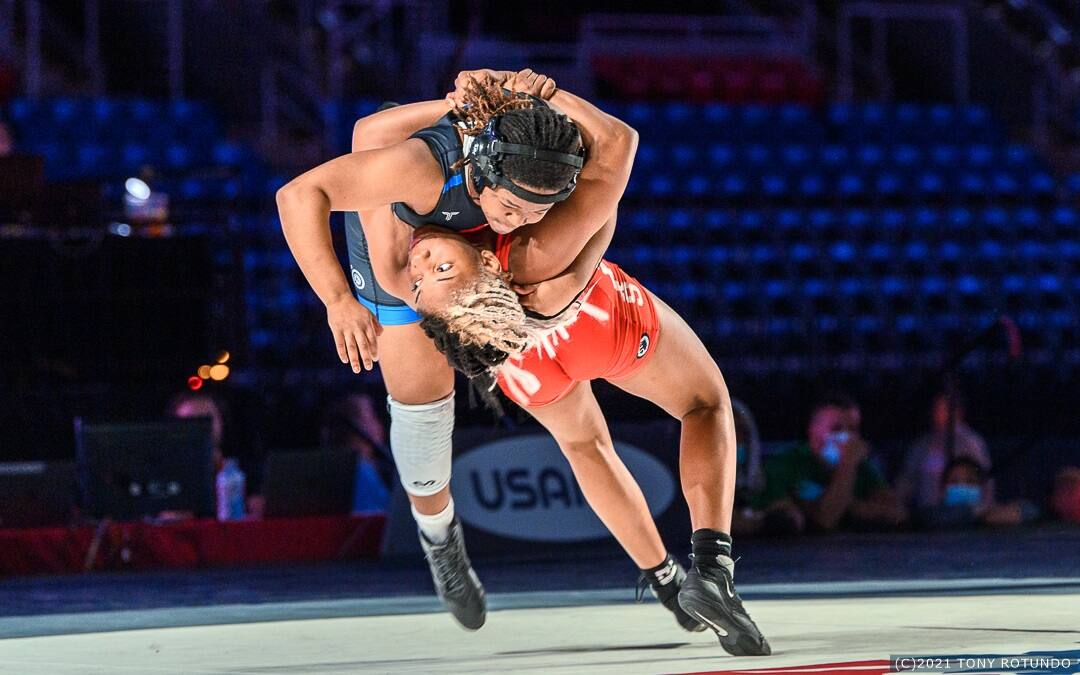 Jasmine Robinson throws her opponent belly-to-back in the 16U National finals
