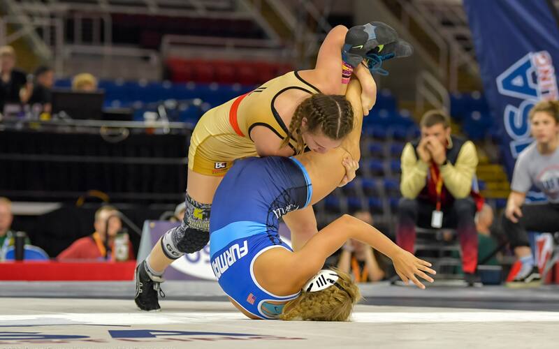 Sydney Perry of Illinois stacks up an opponent during the 16U Women's Freestyle Nationals