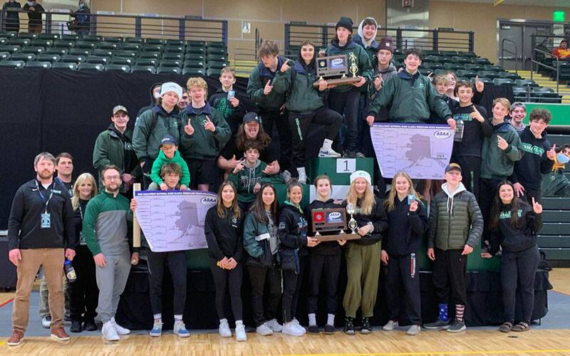 Colony High School (Alaska) wrestling team, after boys won state team title and girls were second place