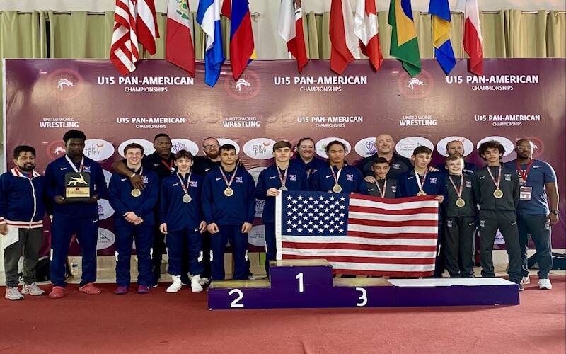 U15 Pan American USA Greco-Roman Team stands following winning a gold medal