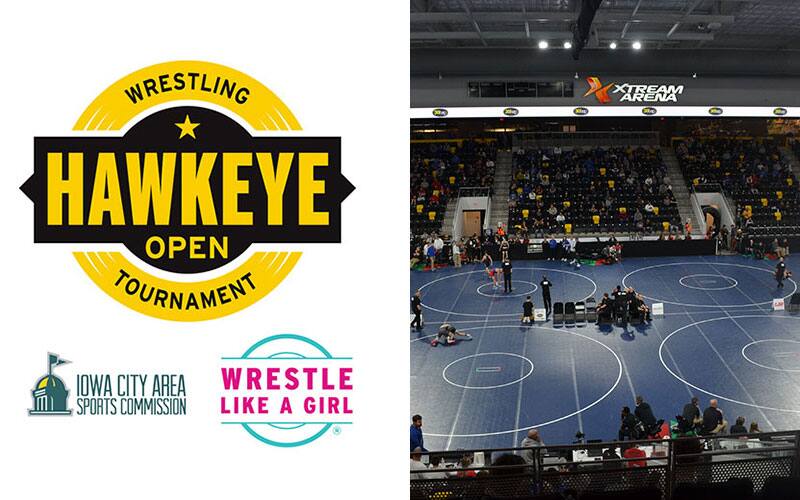 Logo for Hawkeye Open along with image of wrestling mats at Xtream Arena