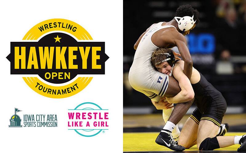 Hawkeye Open logo and Iowa wrestling action shot