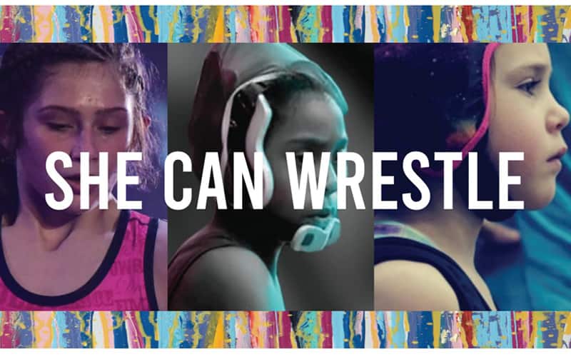 Graphic for the She Can Wrestle Campaign with photos of three girl wrestlers